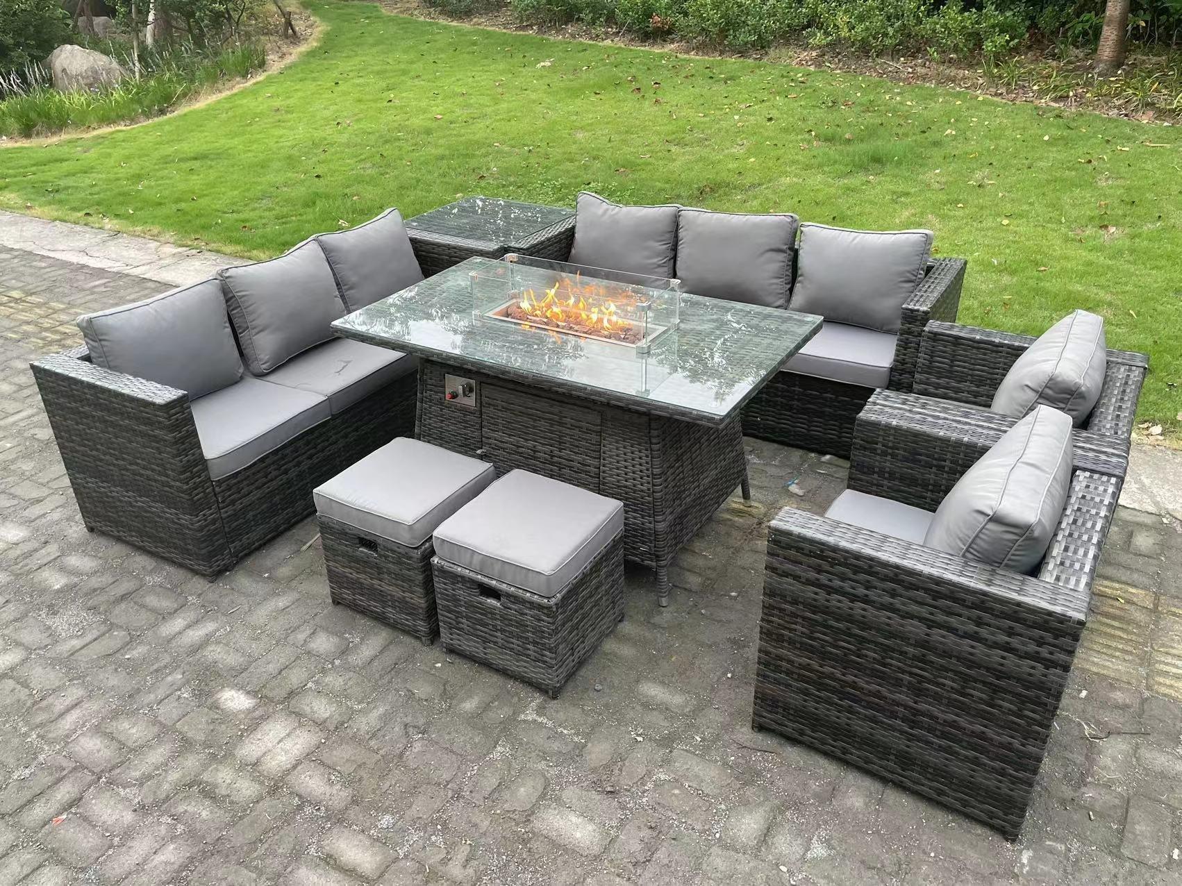 10 Seater Outdoor Rattan Gas Fire Pit Table Heater Lounge Chairs Footstools